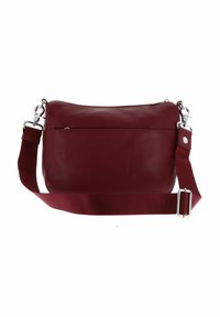 Rote Leder-Umhängetasche mit strukturiertem Finish, ausgestattet mit einem Reißverschluss, verstellbarem Tragegurt und silberfarbener Hardware.