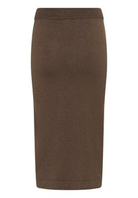 Rjava pletena svinčnik krila s prilegajočo silhueto, ki ima elastičen pas in gladko teksturo. Brez vzorcev ali vidne strojne opreme.