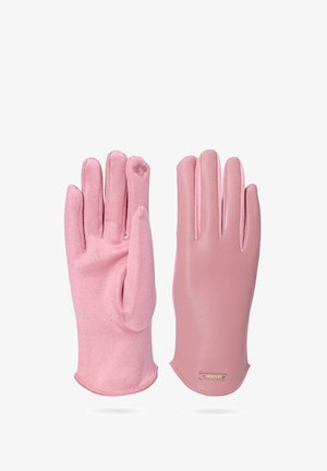 I guanti rosa presentano una morbida texture simile alla suede all'esterno, con dettagli in pelle liscia. Il design include cinque dita e una placca del marchio.