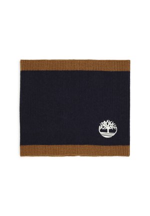 Rechthoekige marineblauwe gebreide sjaal met bruine randen en een klein wit geborduurd boomlogo in de rechterbenedenhoek.