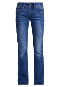 Jean en denim bleu coupe droite avec bouton et fermeture éclair à l’avant, avec poches avant et arrière et un léger délavage sur les cuisses.