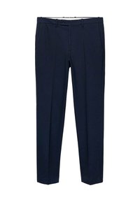 Pantalons bleu marine en tissu lisse avec une coupe ajustée, dotés de deux poches avant et d'un design plat à l'avant.