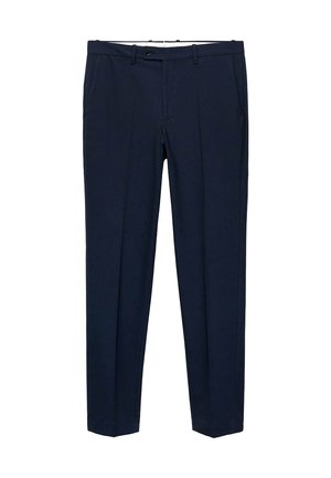 Marineblaue Hosen aus glattem Stoff mit tailliertem Schnitt, ausgestattet mit zwei vorderen Taschen und einem flachen Frontdesign.