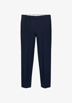 Pantaloni blu navy realizzati in tessuto morbido con una vestibilità sartoriale, dotati di due tasche frontali e un design a vita piatta.