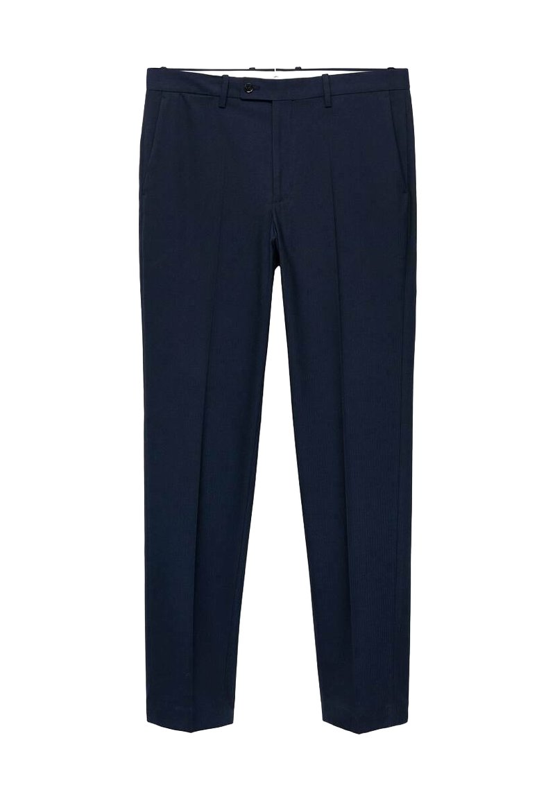 Marineblaue Hosen aus glattem Stoff mit tailliertem Schnitt, ausgestattet mit zwei vorderen Taschen und einem flachen Frontdesign.
