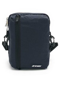 Navy blue nylon crossbody bag with a front zip closure, adjustable strap, and a logo patch. Features a quilted texture and metal hardware.