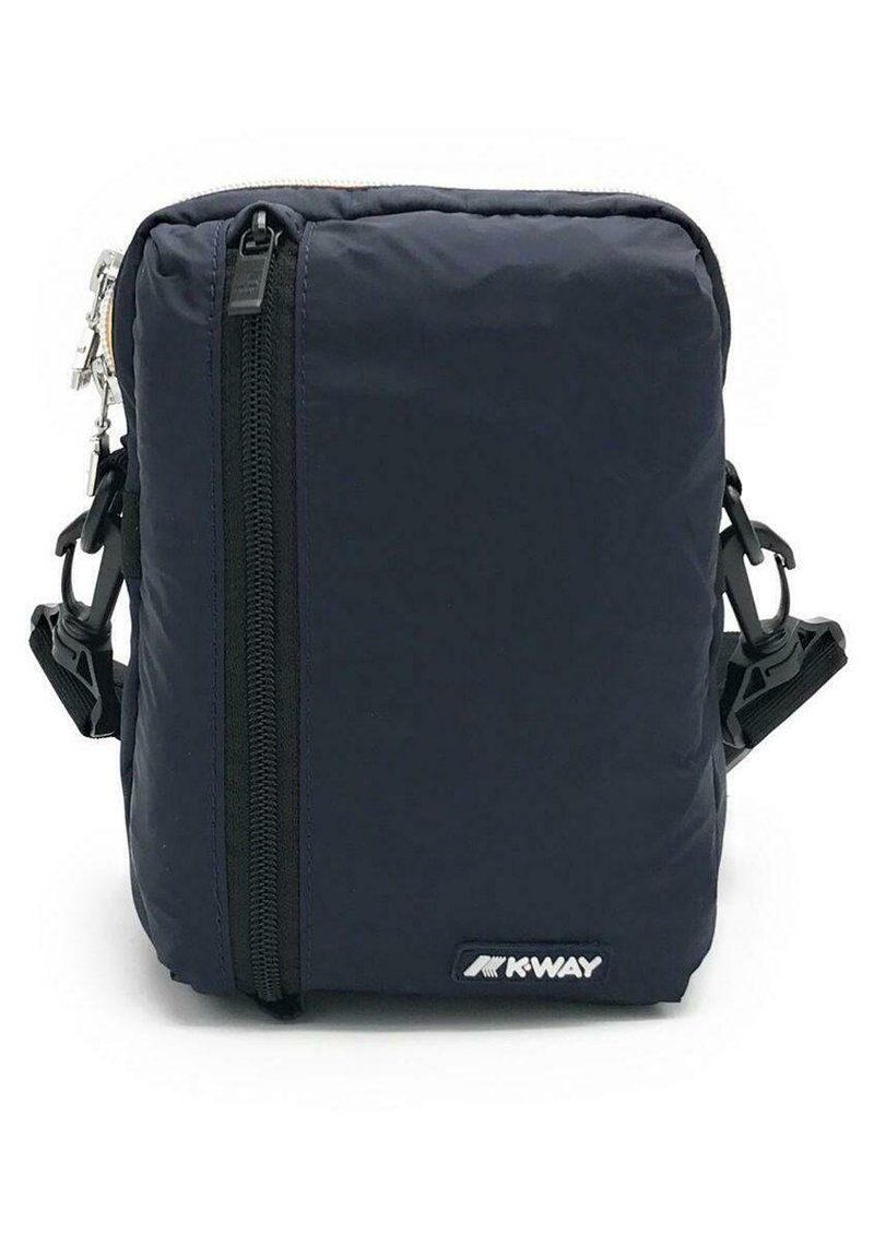 Navy blue nylon crossbody bag with a front zip closure, adjustable strap, and a logo patch. Features a quilted texture and metal hardware.