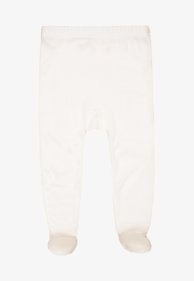 Leggings brancos de algodão com uma textura suave, cintura elástica e pés fechados. Sem padrões ou detalhes adicionais.