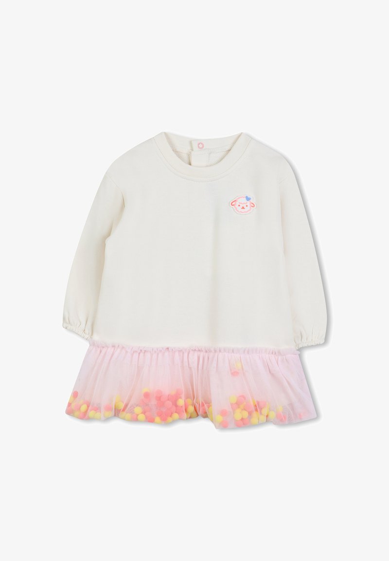 Biała sukienka z długim rękawem i marszczeniami; różowa spódnica z tiulu z kolorowymi pomponami; okrągły dekolt; mały haft misia na piersi.