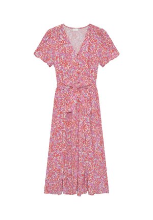 Robe midi portefeuille à fleurs avec manches courtes bouffantes, encolure en V et ceinture à nouer dans des tons rose, rouge et lavande.