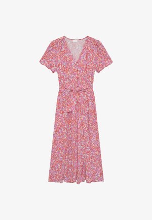 Robe midi portefeuille à fleurs avec manches courtes bouffantes, encolure en V et ceinture à nouer dans des tons rose, rouge et lavande.