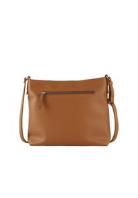 Braune Leder-Crossbody-Tasche mit strukturiertem Oberflächen, einer Reißverschluss-Vordertasche und einem verstellbaren Gurt. Glatter Verschluss und klare Linien.