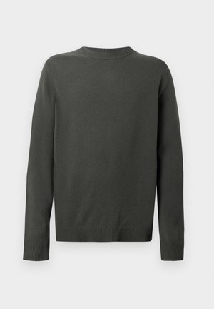 Donkergroen sweater met een ronde halslijn, lange mouwen en geribbelde manchetten en zoom. Gemaakt van zachte, gestructureerde stof. Achteraanzicht weergegeven.