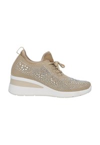 Beżowe, plecione sneakersy z dekoracyjnym wzorem z cyrkonii, okrągłym czubkiem, sznurowanym zapięciem i białą platformą. Lekka konstrukcja.
