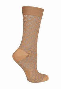 Beige Knöchelsohle mit einem gemusterten silbernen Design, Rippbund und glatter Textur. Verfügt über eine verstärkte Zehen- und Fersenpartie für hohe Strapazierfähigkeit.