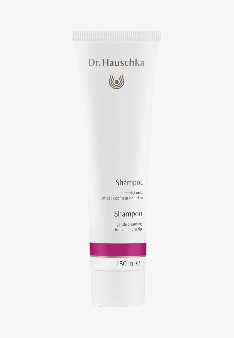 White tube with a pointed flip-top cap, features brown text labeled "Shampoo" and a pink stripe. Capacity is 150 ml.