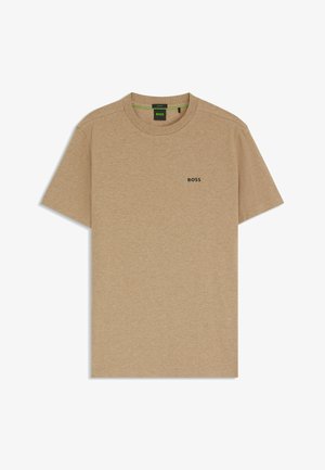 T-shirt beige a maniche corte realizzato in tessuto morbido. Presenta un colletto rotondo e un piccolo logo nero "BOSS" sul davanti.