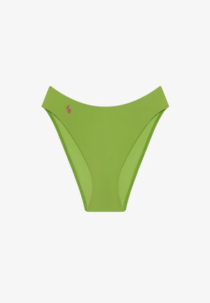 Bas de bikini vert à taille haute avec des côtés découpés et un petit logo rose brodé sur la hanche gauche.