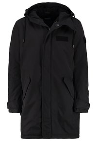 Schwarzer langer Winterparka mit Kapuze, Frontreißverschluss und Druckknöpfen, zwei schrägen Taschen und verstellbaren Manschetten.