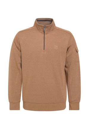 Brown quarter-zip pullover made of textured fabric with long sleeves. Features a small logo on the chest and stitched detailing on the collar.