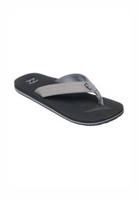 Zwarte teenslipper met een gestructureerde zool en een grijze stoffen band. Voorzien van een dunne verticale naad op de band en een subtiele merkaccent.