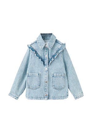 Lyseblå denimjakke med knaplukning foran, to lommer foran, en spids krave og flæsedetalje langs bryststykkerne.