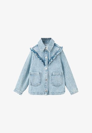 Lichtblauwe spijkerjas met knoopsluiting aan de voorkant, twee voorzakken, een puntkraag en gerimpelde rand langs de borstpas.