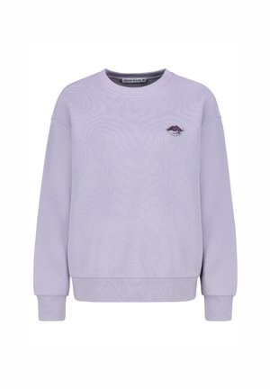 Lavendel sweat-shirt met een ronde halslijn, ribgebreide manchetten en zoom, met een klein geborduurd lipdesign op de borst. Zachte textuur.