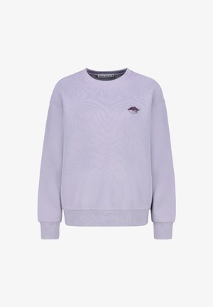 Lavender sweatshirt with a round neckline, ribbed cuffs and hem, featuring a small embroidered lip design on the chest. Soft texture.