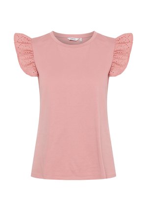 Roosa lühikeste varrukatega t-särk, millel on kogutud pitsist volangid õlgadel, ümmargune kaelus ja lõdvestunud istuvus, valmistatud pehmest puuvillast kangast.