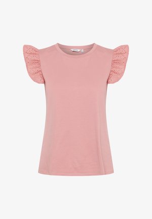 Roosa lühikeste varrukatega t-särk, millel on kogutud pitsist volangid õlgadel, ümmargune kaelus ja lõdvestunud istuvus, valmistatud pehmest puuvillast kangast.