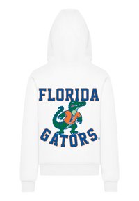 White hoodie featuring a graphic of an alligator in an orange shirt and text reading "FLORIDA GATORS" in blue with orange accents.