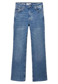 Blaue Denim-Jeans mit geradem Bein, fünf Taschen, Knopfverschluss und rohen Säumen.