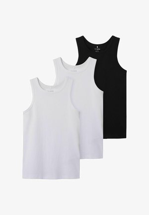 Three cotton tank tops: two in white and one in black. Each features a crew neckline and is designed without embellishments or patterns.