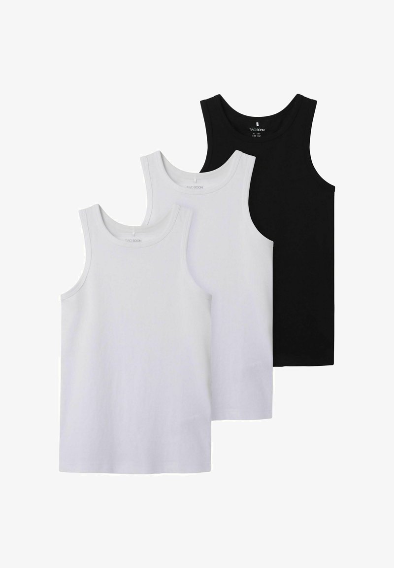 Tre canottiere in cotone: due bianche e una nera. Ognuna presenta un collo rotondo ed è progettata senza decorazioni o motivi.