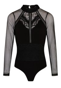 Black bodysuit with long mesh sleeves, lace detailing, a high neck, and a textured dot pattern on the sleeves. Features a fitted design.