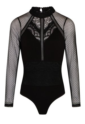 Body nera con maniche lunghe in rete, dettagli in pizzo, un collo alto e un motivo a pois strutturato sulle maniche. Presenta un design aderente.