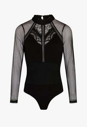 Schwarzer Bodysuit mit langen Netzärmeln, Spitzenverzierungen, hohem Hals und einem strukturierten Punktmuster auf den Ärmeln. Verfügt über ein figurschmeichelndes Design.