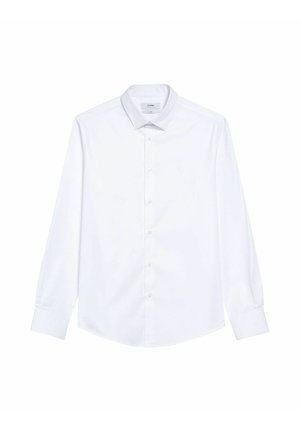 Biała koszula z długim rękawem z klasycznym kołnierzykiem, z zapięciem na guziki oraz małym logo na klatce piersiowej. Gładka, lekka tkanina.