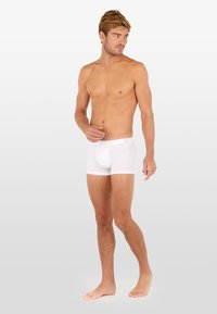 Vita bomullsboxershorts med en figurnära design, med en enkel midjeband och slät yta, uppvisade på en stående manlig modell.
