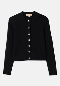 Svart cardigan laget av myk stoff, med rund halslinning, lange ermer og seks gullfargede knapper foran.