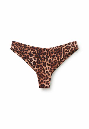 Bikini-Höschen im Leopardenmuster mit einem hoch geschnittenen Design, glatter Textur und breiten Seiten für einen nahtlosen Look. Das Material scheint dehnbar und weich zu sein.