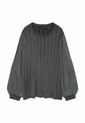 Grå ribbede sweater med rund halsudskæring, puflange ærmer og tekstureret stof. Har sammensamlede manchetter og kant.