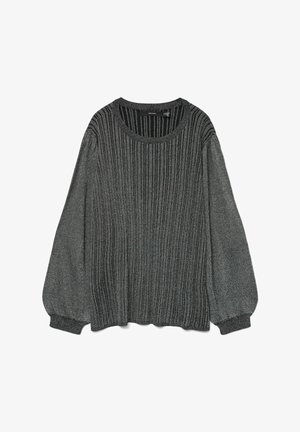 Grå ribbede sweater med rund halsudskæring, puflange ærmer og tekstureret stof. Har sammensamlede manchetter og kant.
