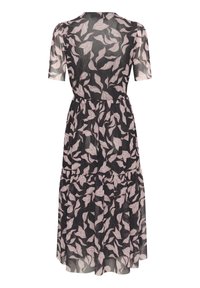 Mekko, jossa mustavalkoinen kukkakuvio ja vaaleanpunaisia sävyjä. Läpinäkyvää kangasta, lyhyet hihat, istuva yläosa ja kerroksittainen hame.