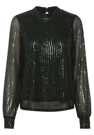 Zwarte blouse met lange mouwen en hoge hals, besprenkeld met groene pailletten, kenmerkt zich door een doorschijnend ontwerp en aansluitende manchetten. Accent met sleutelgat-sluiting op de rug.