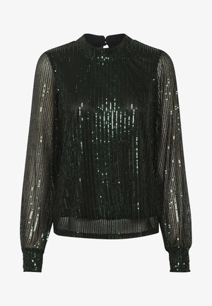 Langärmlige Bluse mit hohem Kragen in Schwarz mit grünen Pailletten, featuring einem transparenten Design und taillierten Manschetten. Rückwärtiger Schlüssel-Ausschnitt als Akzent.