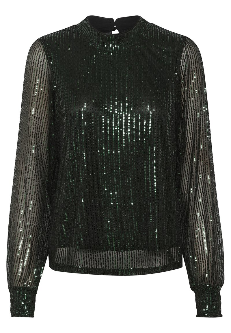 Long-sleeve, high-neck blouse in black with green sequins, featuring a sheer design and fitted cuffs. Back keyhole closure accent.