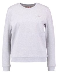 Felpa grigia in misto cotone, con maniche a costine e orlo a costine, colletto rotondo e piccolo logo sul petto. Texture morbida, design casual.