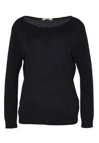 Pull noir avec un col large, des manches longues à texture côtelée et un corps lisse. Tissu en maille léger avec une coupe décontractée.